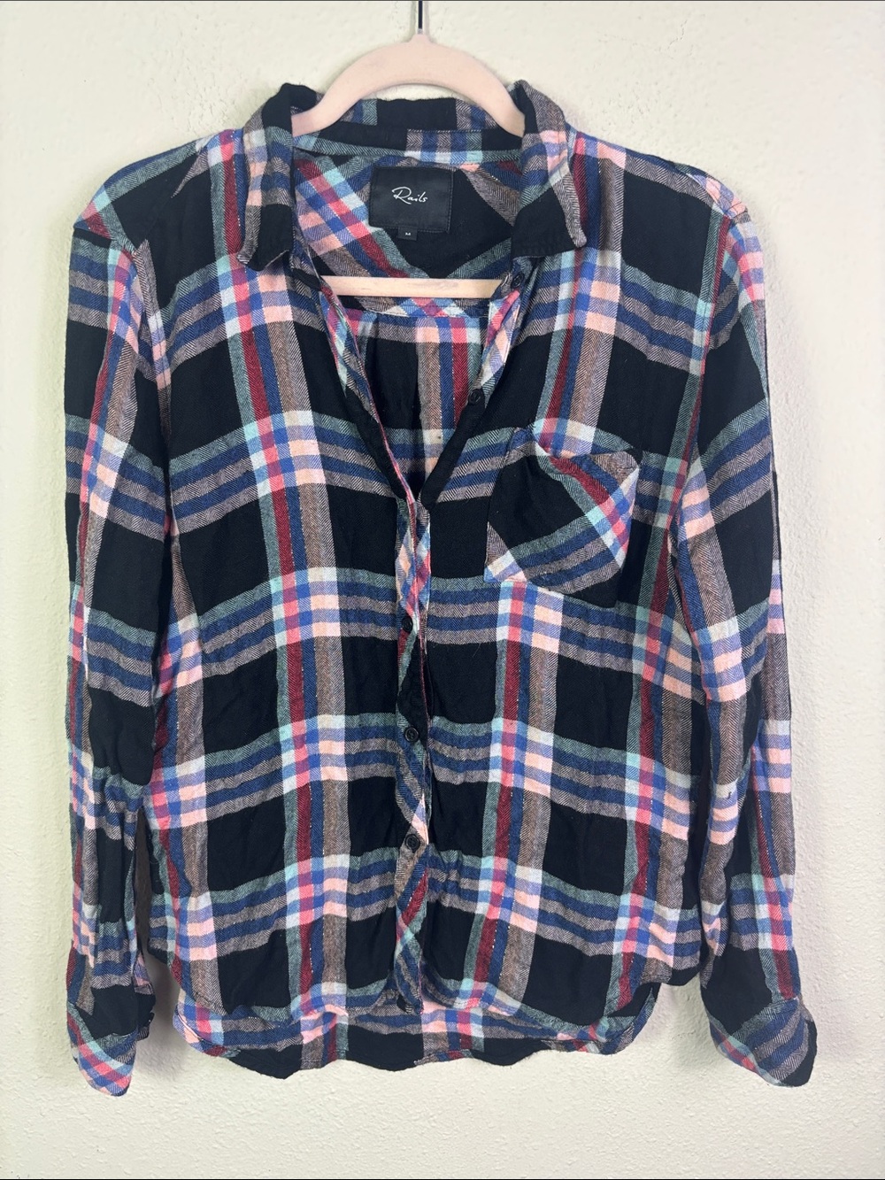 Rails Long Sleeve Button Down Shirr Hunter Black Melon Aqua sz Medium
